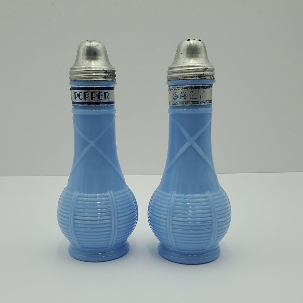 Jeanette Glass Delphite Salt & Pepper Shakers Euclid Coffee Co Blue Shakers